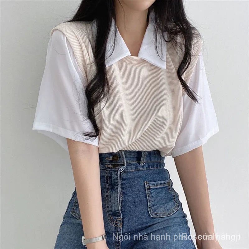 Áo Thun polo Ngắn Tay Giả Hai Lớp Phong Cách preppy Thường Ngày Dành Cho Nữ