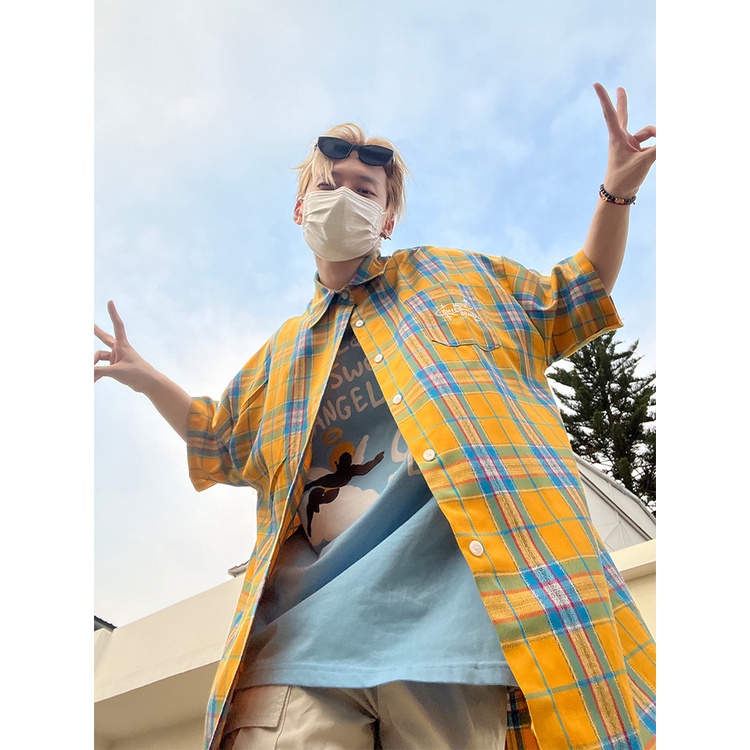 Áo Sơ Mi Tay Ngắn Họa Tiết Kẻ Sọc Màu Vàng Phong Cách Cổ Điển Thời Trang Xuân Thu 2023 Cho Nam Và Nữ