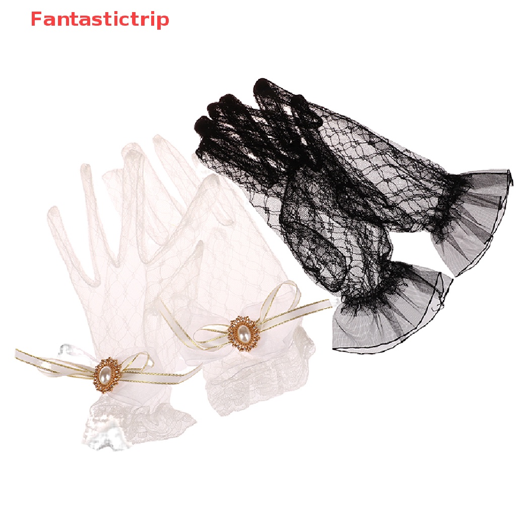 1 Đôi Găng Tay Lưới Đính Hoa Trắng Đen Phong Cách Lolita Mới