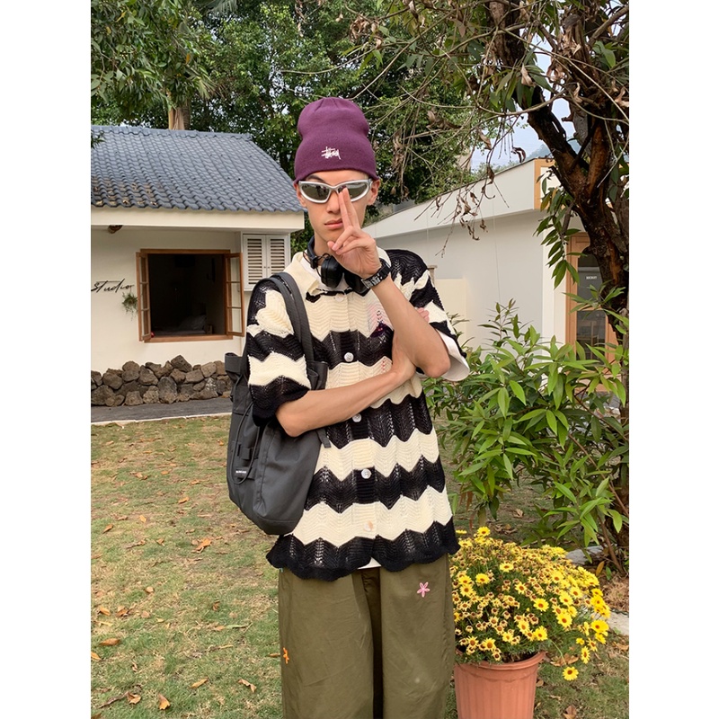 Áo Thun polo Dệt Kim Tay Ngắn Dáng Rộng Họa Tiết Kẻ Sọc Màu Sắc Tương Phản Thời Trang Mùa Hè Cho