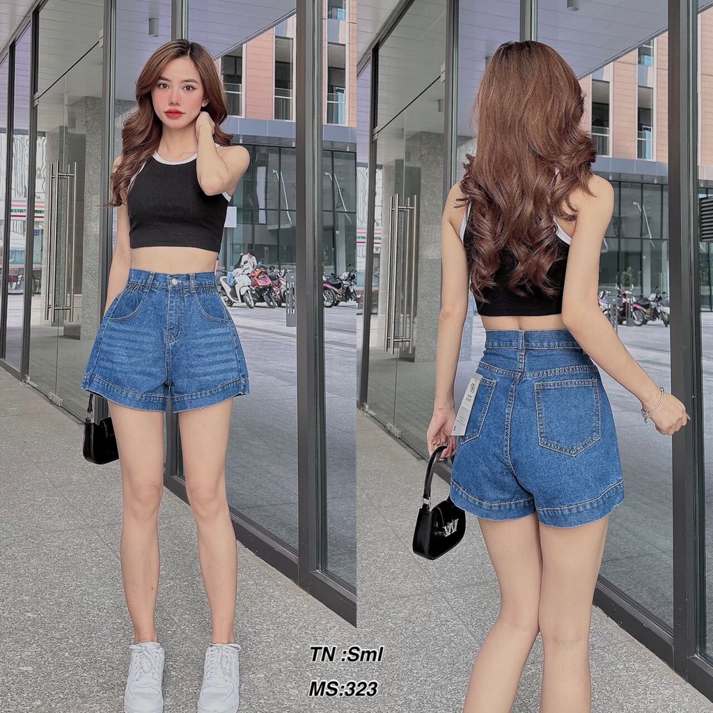 Quần Sọt Jean Nữ Mẫu Trơn Lai Cuốn Dúm Lưng Siêu Xinh Ảnh Mẫu Chụp Thật