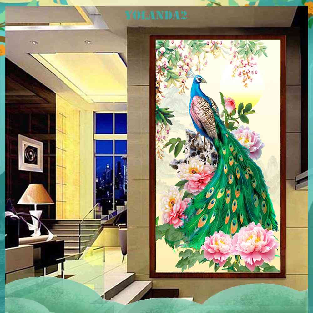 Tranh Thêu Chữ Thập Đính Đá Kim Cương DIY Hình Vẽ Hoa Chim Công