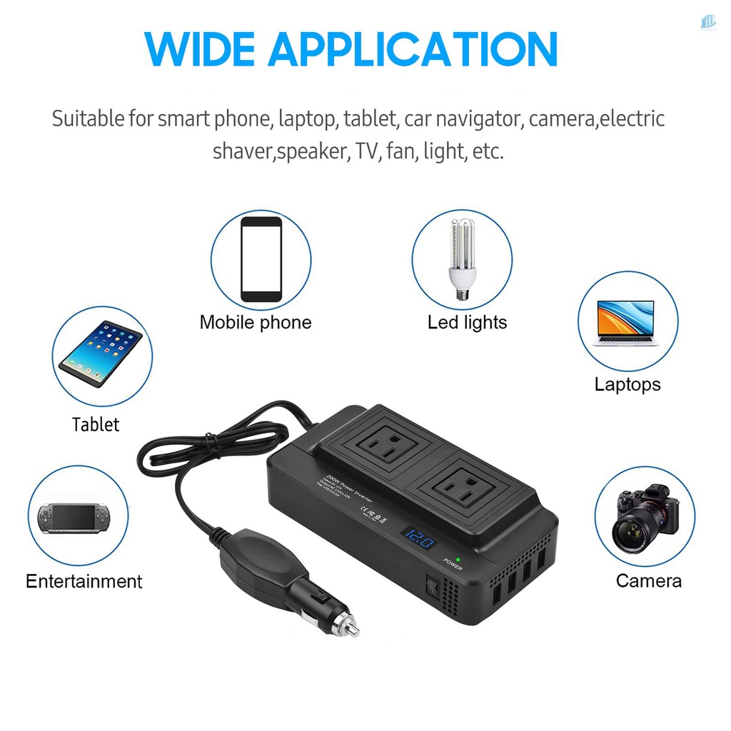 Bộ Chuyển Đổi Nguồn Điện 200W DC 12V Sang AC 110V Với 2 Ổ Cắm AC 4 Cổng USB Cho Xe Hơi