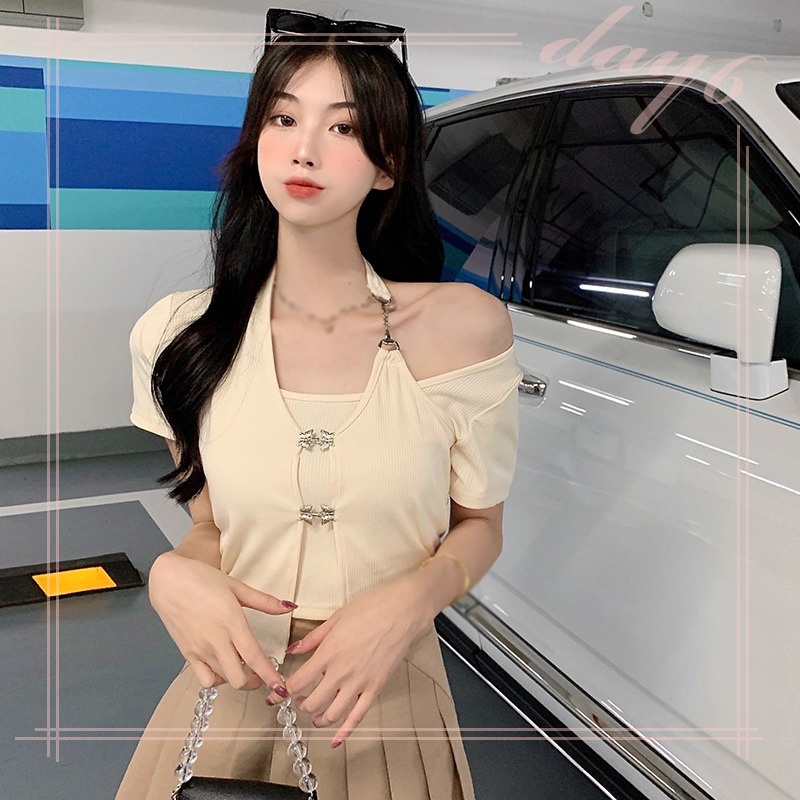 Áo Thun Ngắn Tay Giả Hai Lớp Phong Cách Hàn Quốc Dành Cho Nữ