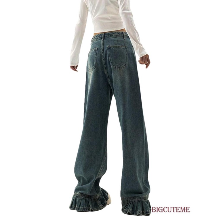 Quần Jean Dài Dáng Rộng Viền Bèo Nhún Màu Trơn Thời Trang Xuân Thu Cho Nữ