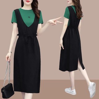 Set Áo Thun Ngắn Tay + Đầm Yếm Dài Giả Hai Dây Thời Trang Nữ Tính Cỡ M-4xl