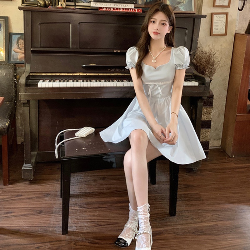 Đầm Dài Dệt Kim Tay Phồng Cột Nơ Phối Họa Tiết Xinh Xắn Thời Trang Cho Nữ