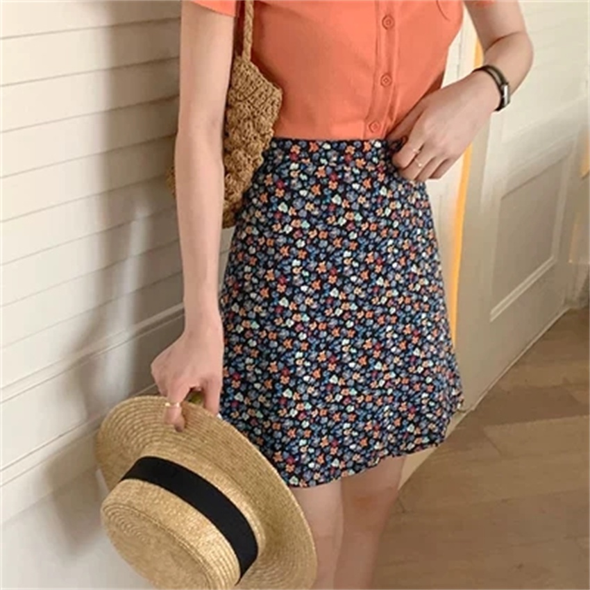 GENAISHAChân Váy Chiffon Chữ A Lưng Cao Dáng Ôm In Hoa Kiểu Hàn Quốc Thời Trang Mùa Hè Cho Bạn Gái