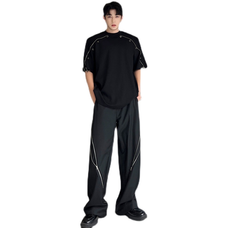 Áo Thun Tay Ngắn Cổ Tròn Dáng Rộng Phối Khóa Kéo Đơn Giản Thời Trang Mùa Hè Cho Nam