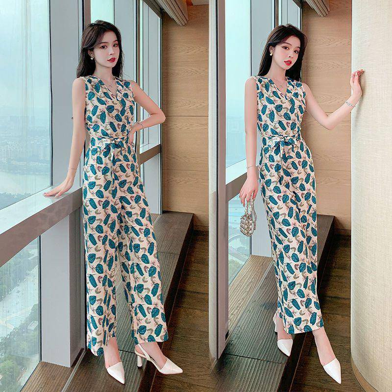 Giao Hàng Nhanh Jumpsuit Vải Voan Mỏng Cao Cấp Không Tay Cổ Chữ v Lưng Cao Ống Rộng Thời Trang Mùa Hè Cho Nữ