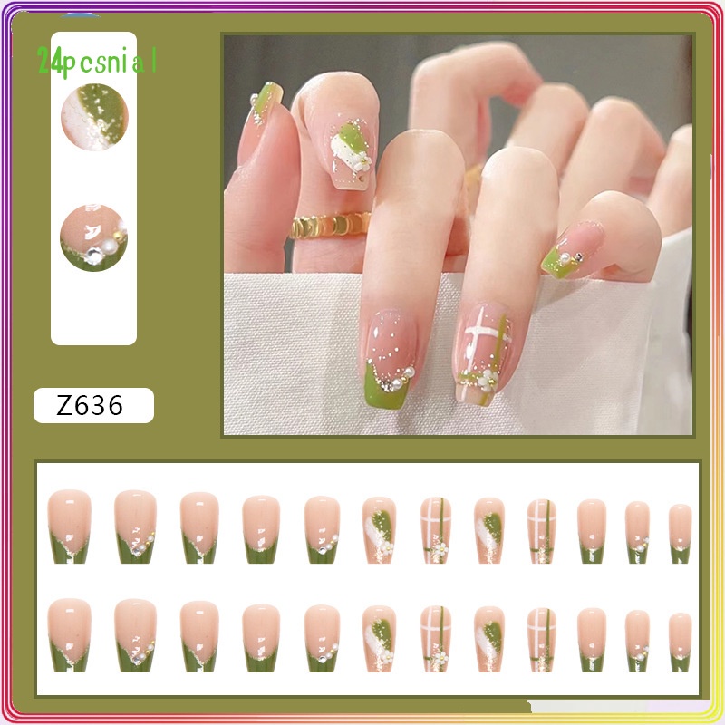 Móng Tay Giả Ngắn Màu Xanh Lá Đính Đá Dễ Thương Tươi Tắn Phong Cách Pháp Mùa Hè/Móng Tay Giả 3d / Móng Tay Giả Kèm Keo Móng Dài/ nơ kèm keo dán dễ thương xinh xắn