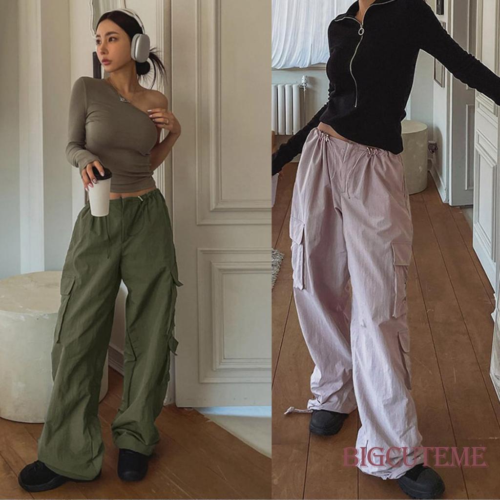 [] - Quần Baggy Dáng Rộng Lưng Vừa Màu Trơn Có Túi Và Dây Rút Cho Nữ