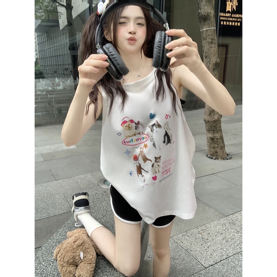 Áo Thun Không Tay In Hình Mèo Dễ Thương Thời Trang Mùa Hè Dành Cho Nữ