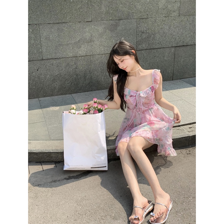 Đầm Hoa Hai Dây Dáng Ngắn Thời Trang Mùa Hè Xinh Xắn Cho Nữ