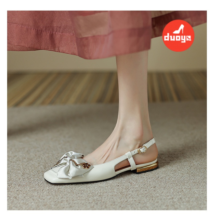 Duoya Tóc Thẳng ~ [Hàng Có Sẵn] Giày Sandal Da Mềm Hở Ngón Đế Thấp Đính Nơ Rỗng Mùa Hè Cho Nữ