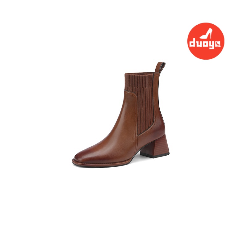 Duoya Tóc Thẳng ~ [Phong Cách Retro] Giày Bốt Dệt Kim Gót Dày Ngắn Màu Nâu Co Giãn Mùa Thu Đông Dành Cho Bạn Nữ