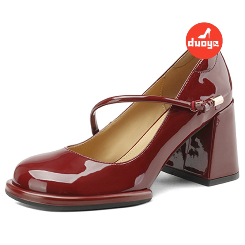 Duoya Giày Cao Gót Mary Jane Mũi Tròn Miệng Nông Bằng Da Bóng Dày Màu Đỏ Rượu Vang ~ [Hàng Có Sẵn] Xinh Đẹp Cho Nữ Miễn Phí Vận Chuyển