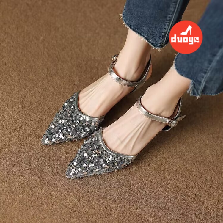 Duoya Tóc Thẳng ~ [Hàng Có Sẵn] Giày Cao Gót Mũi Nhọn Đính Kim Sa Sang Trọng Cho Cô Dâu Trong Ngày Cưới