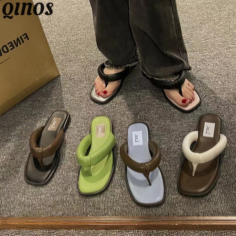 Qinos Dép Xỏ Ngón Đế Bằng Thiết Kế Đơn Giản Thời Trang Đi Biển Mùa Hè 2023 Phong Cách retro Cho Nữ