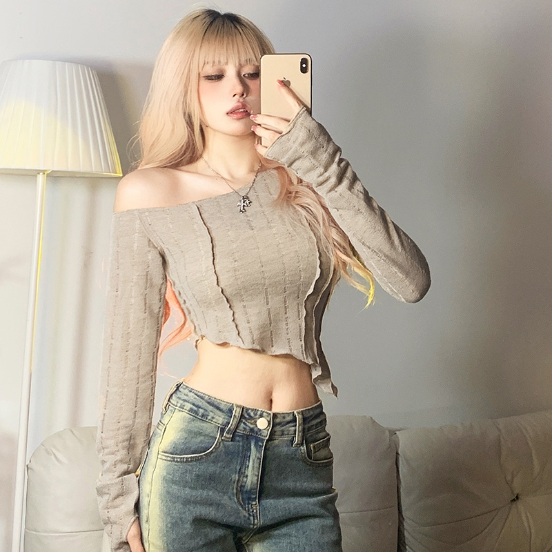 Weird Puss Áo Kiểu Trễ Vai Tay Dài Màu Trơn Đơn Giản Quyến Rũ Thời Trang Mùa Hè Cho Nữ