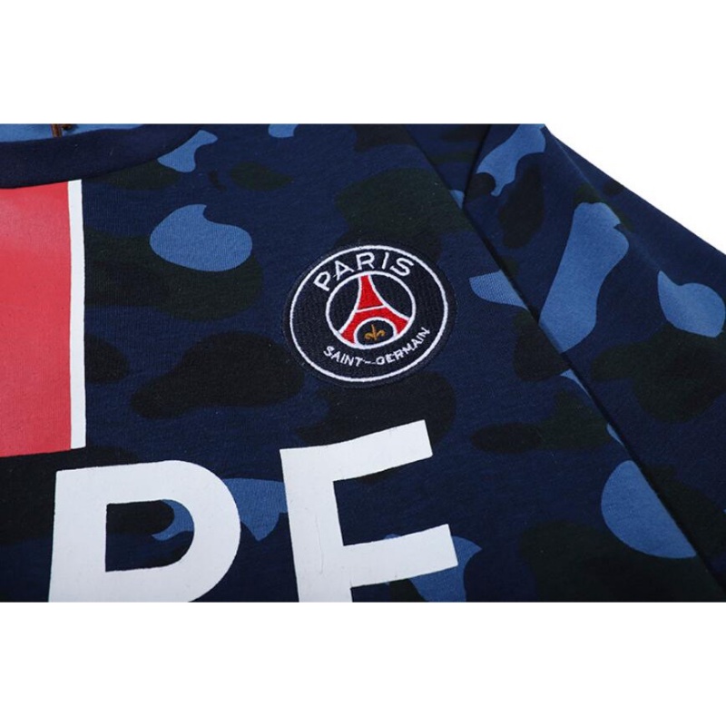 BAPE Hàng Có Sẵn Áo Thun Cotton Tay Ngắn Dáng Rộng Màu Xanh Lam In Chữ Paris Saint-Germain Cho Cặp Đôi
