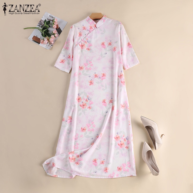 Đầm midi ZANZEA nữ dài tay cổ đứng thời trang Hàn