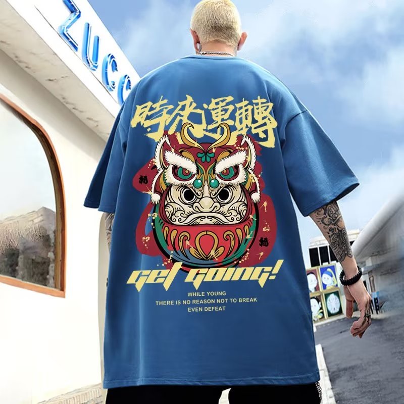 Có size lớn M-8xl Áo thun unisex nam nữ form rộng tay lỡ phông Cotton In Họa Tiết Sư Tử Hoạt Hình Phong Cách Trung Hoa Thời Trang Cho Nam