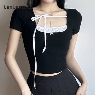 LanLanLo Nữ 2023 Màu Sắc Tương Phản Cổ Tròn Tay Ngắn Slim Fit Áo Thun Ngọt Ngào
