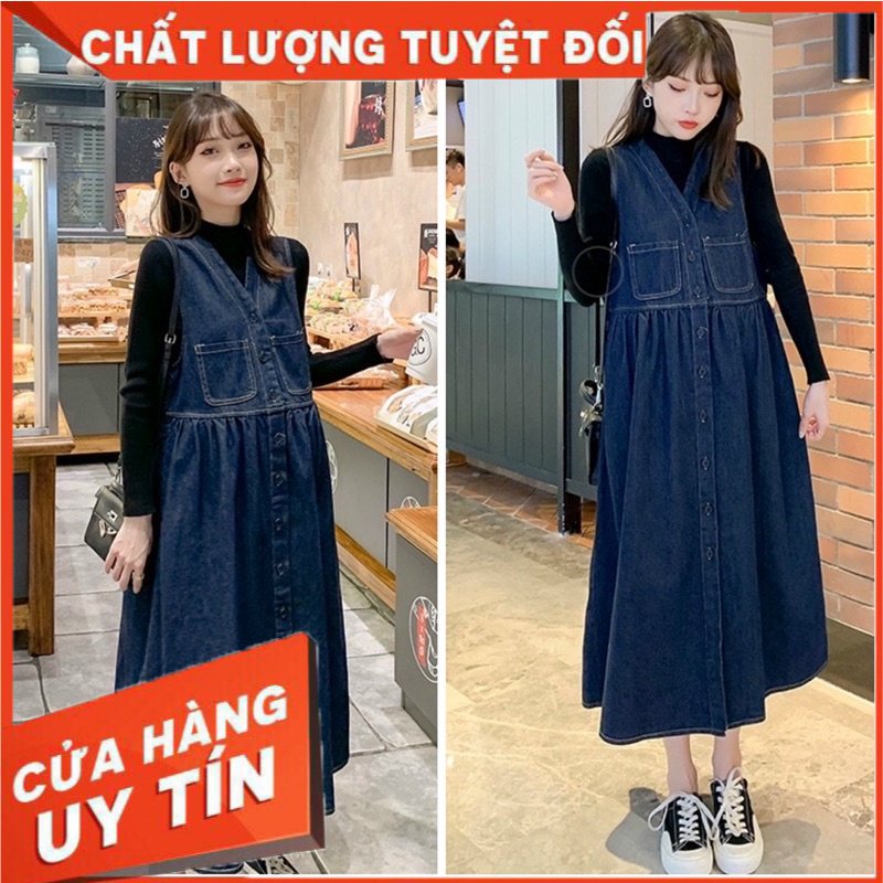 váy bầu thu đông sét yếm bò 2 món rời áo và yếm bầu béo bọn chen auto xinh Hàng bán shop có video, ảnh thật 38-70kg