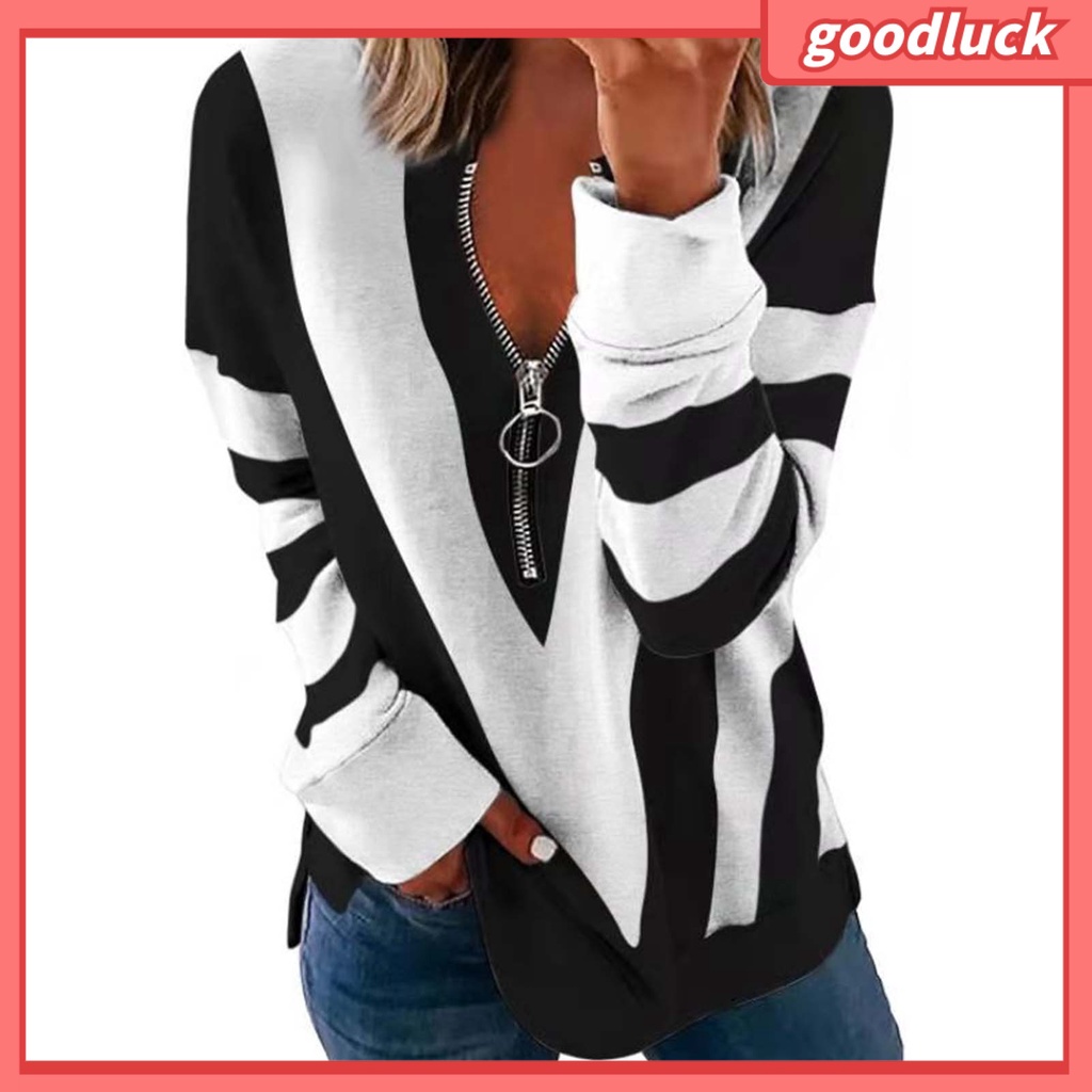 Áo Kiểu Tay Dài Mềm Mại Co Giãn Cổ Chữ V In Họa Tiết Kẻ Sọc Phối Khóa Kéo Cho Nữ