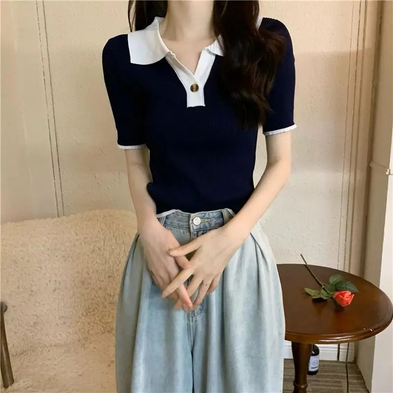 Áo Thun POLO Dệt Kim Tay Ngắn Màu Trơn Dáng Ôm Thời Trang Mùa Hè 2023