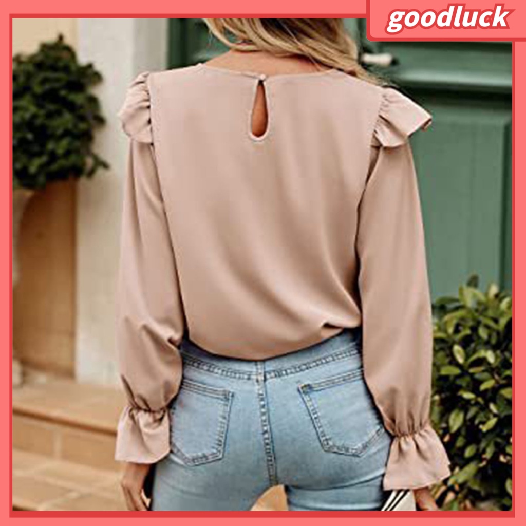 Áo Thun Tay Dài Cổ Tròn Phối Bèo Màu Sắc Trơn Phong Cách Đường Phố Thời Trang Mùa Thu Cho Nữ