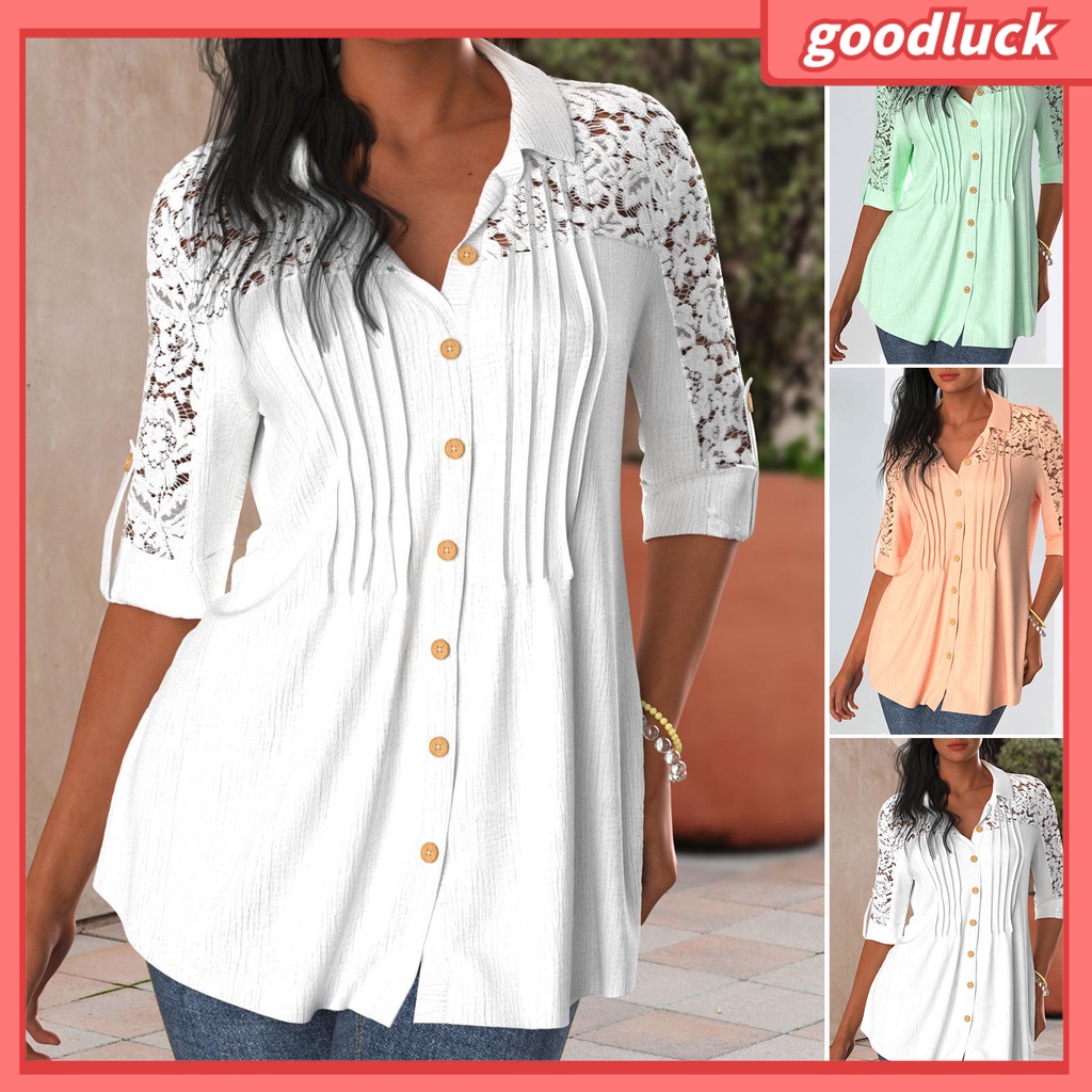 [ULK] Áo Sơ Mi Công Sở Tay Lửng Cổ Bẻ Phối Ren Bèo Một Hàng Nút Thời Trang Cho Nữ