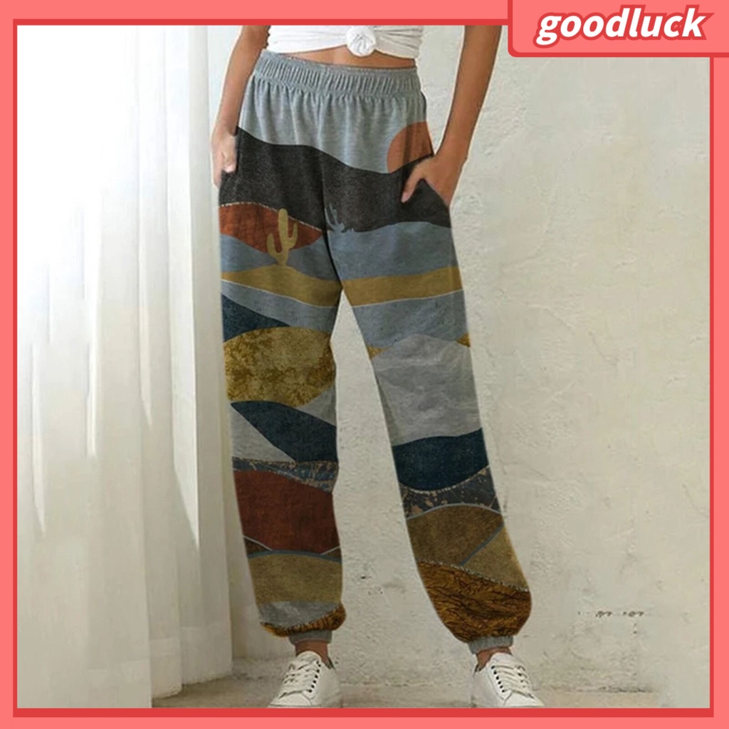 Quần Thể Thao Lưng Cao Dáng Rộng Có Túi In Hình Phong Cảnh Dành Cho Nữ