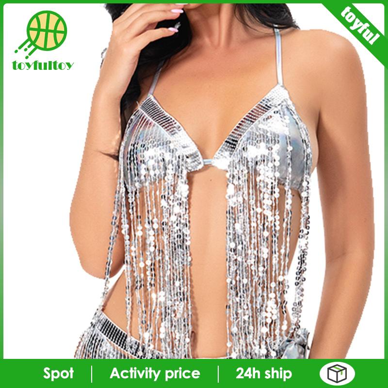 Bộ Đồ Bơi Bikini Phối Tua Rua Đính Kim Sa Lấp Lánh Dành Cho Nữ