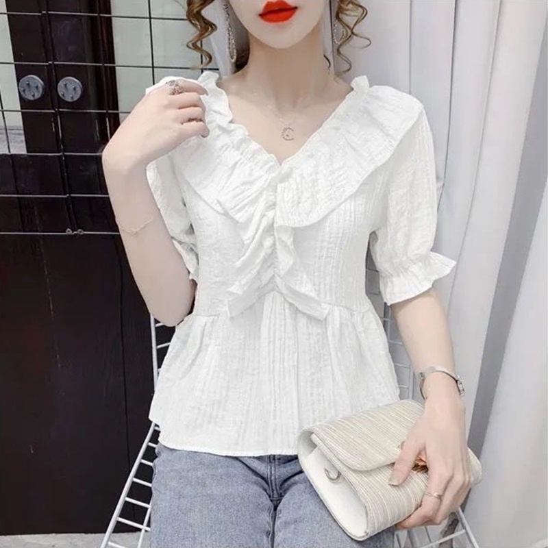 Áo Thun Tay Phồng Cổ Chữ V Phong Cách Pháp Thời Trang Mùa Hè Mới Cho Nữ