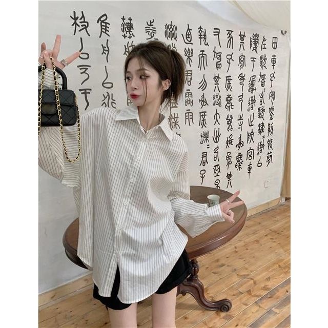 Set Áo Sơ Mi Kẻ Sọc Form Rộng + Áo Khoác Denim Không Tay Thiết Kế Mới Năng Động Thời Trang