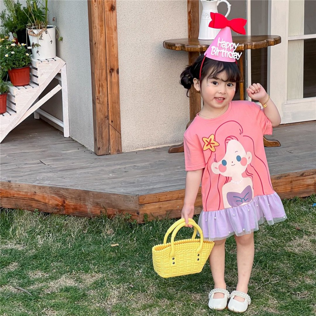 Đầm Công Chúa Mùa Hè Tay Cộc Dáng Suông Phối Lưới In Họa Tiết Hoạt Hình