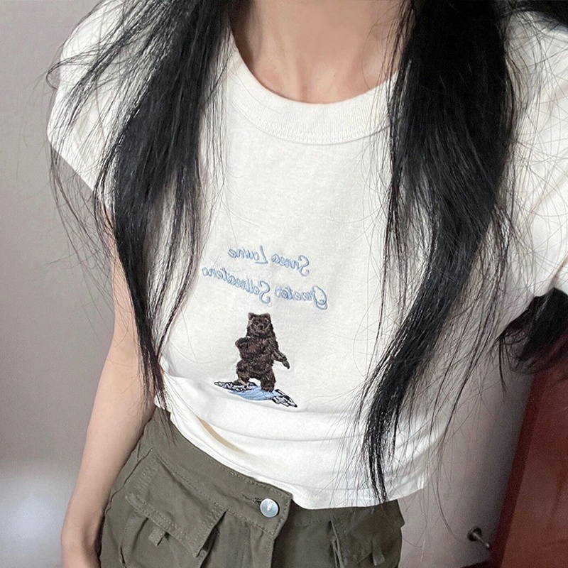 HANLU Áo Thun Nữ Ngắn Tay Cổ Tròn In Hình Cún Dễ Thương