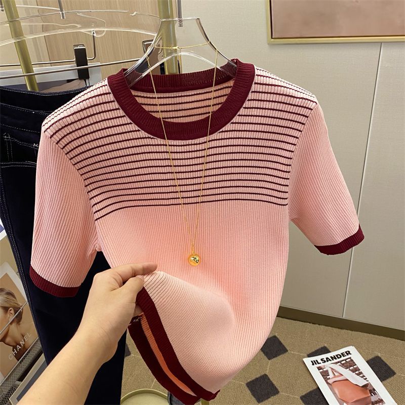 Áo Thun Tay Ngắn Cổ Tròn Họa Tiết Kẻ Sọc Thời Trang Mùa Hè Dễ Thương Cho Nữ