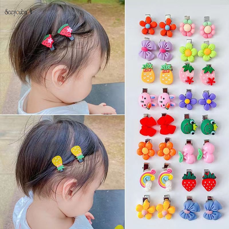 Set 10 Kẹp Tóc Mini Nhiều Kiểu Dáng Bằng Acrylic In Họa Tiết Hoa Trái Cây / Trái Cây / Hoạt Hình Dễ Thương Cho Bé Gái