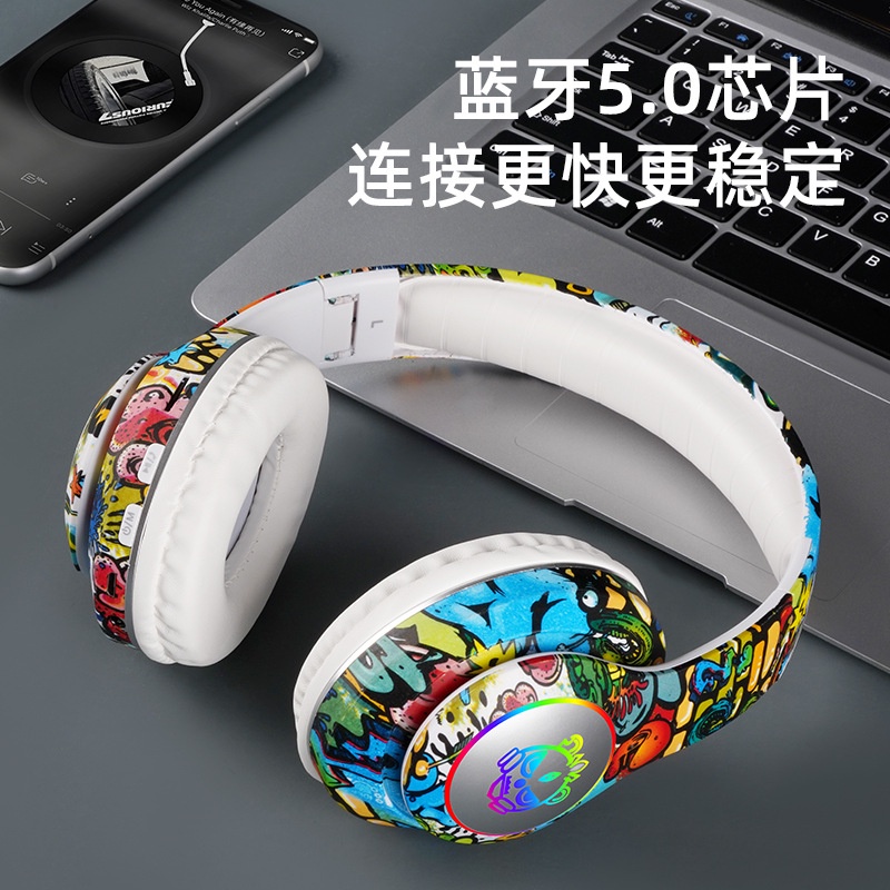 Tai Nghe Bluetooth Không Dây Dạ Quang Cắm Thẻ Trò Chơi Graffiti Hợp Thời Trang