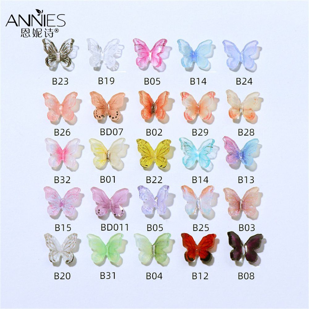 Túi 20 hạt nhựa ANNIES hình bướm 3D màu trong suốt gradient cổ tích dùng trang trí/ đính làm móng tay cho tiệm làm móng