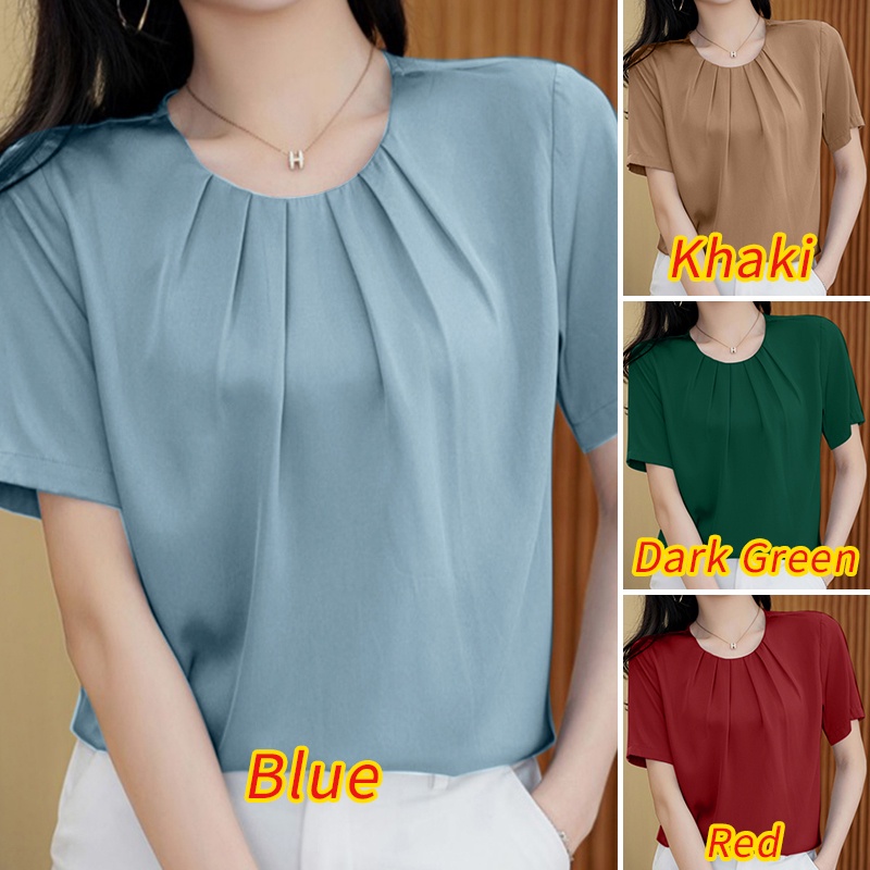 Áo kiểu ZANZEA vải satin tay ngắn cổ tròn màu trơn phong cách Hàn Quốc thời trang cho nữ