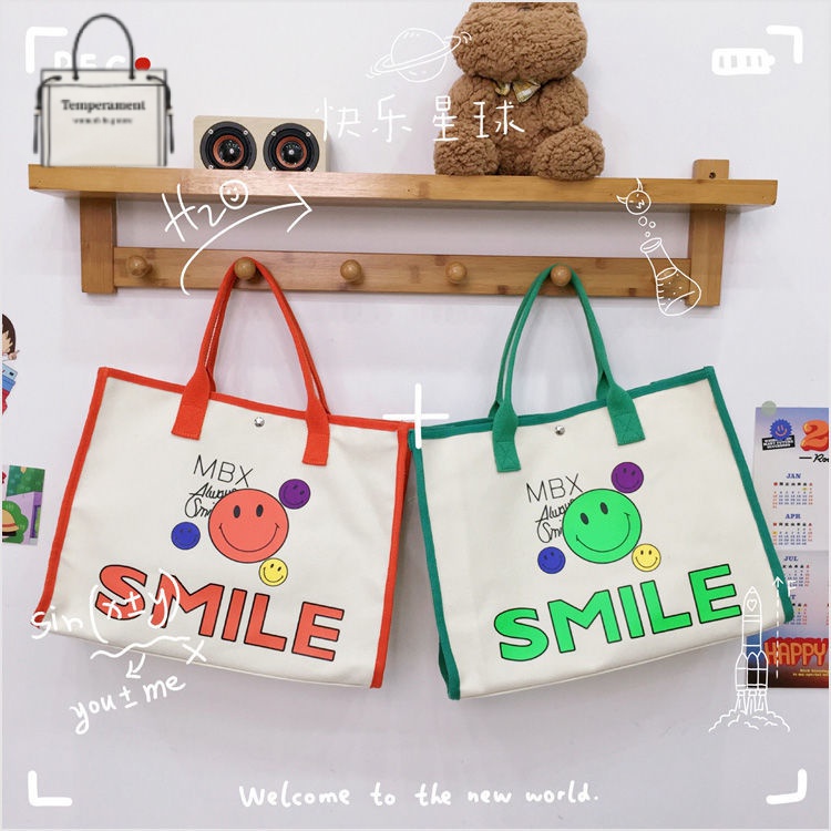 Túi Tote Đeo Vai Mùa Hè 2023 Bằng Vải Bạt In Họa Tiết Mặt Cười Phong Cách Mới Dễ Phối Đồ Cho Nữ