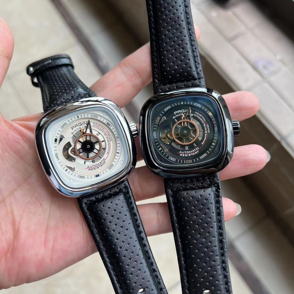 Đồng hồ cơ nam PAGINI PA1886 dây da cao cấp mặt vuông, kính chống xước