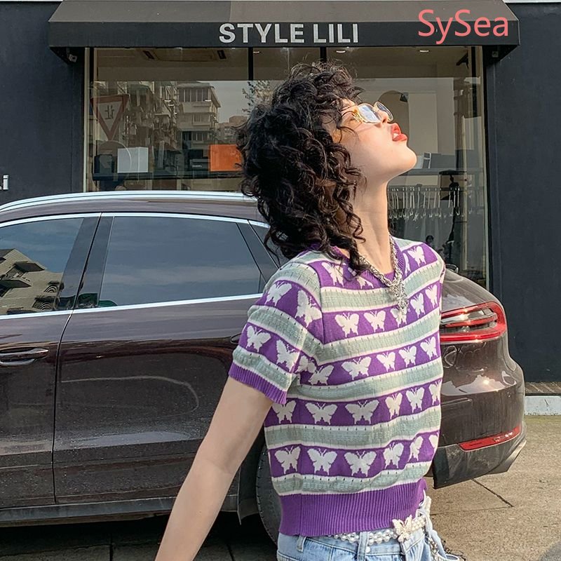 Áo Dệt Kim Họa Tiết Bướm Xinh Xắn Thời Trang Hàn Quốc Cho Nữ