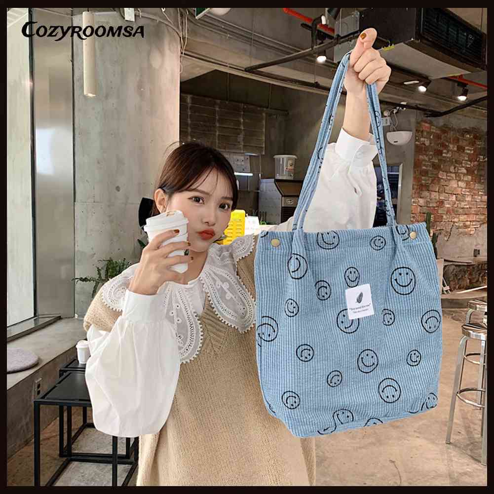 Túi Xách Tote Vải Nhung Kẻ Retro Hình Mặt Cười Dễ Thương Cho Nữ Sinh