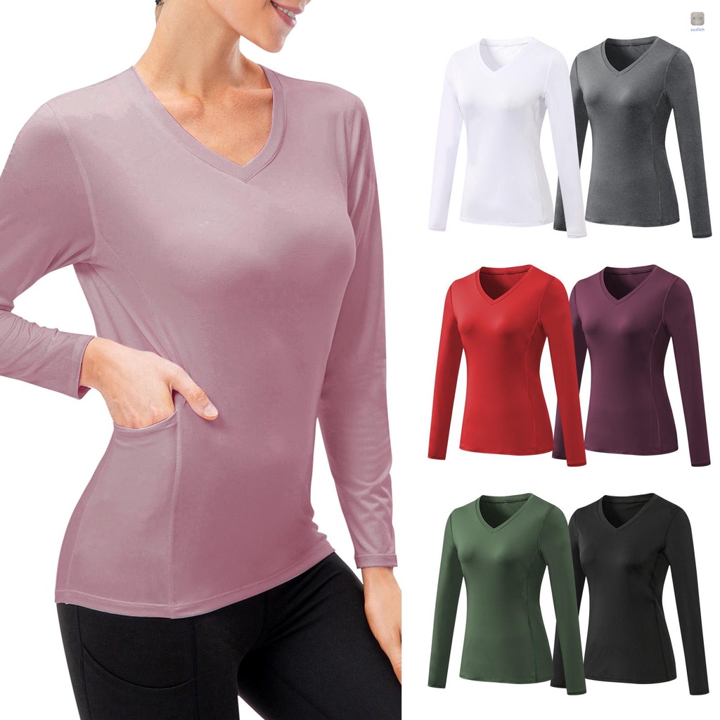 Áo Thun Thể Thao Tay Dài Cổ Chữ V Có Túi Chất Liệu Thấm Hút Khô Thoáng Nhanh Chóng