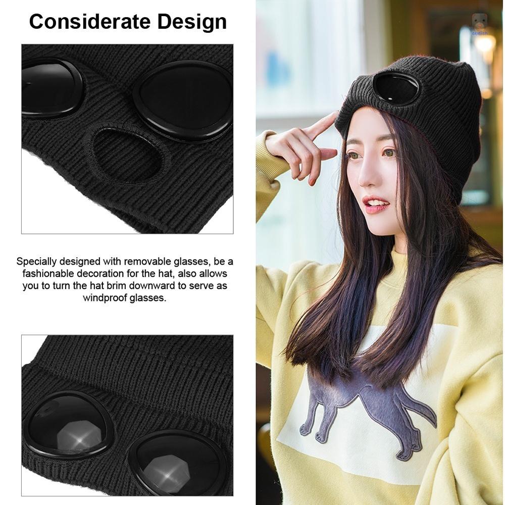 Mũ Beanie Dệt Kim Dày Dặn Co Giãn Giữ Ấm Mùa Đông Với Kính Lót Lông Có Thể Tháo Rời Cho Nam Nữ Hoạt Động Ngoà
